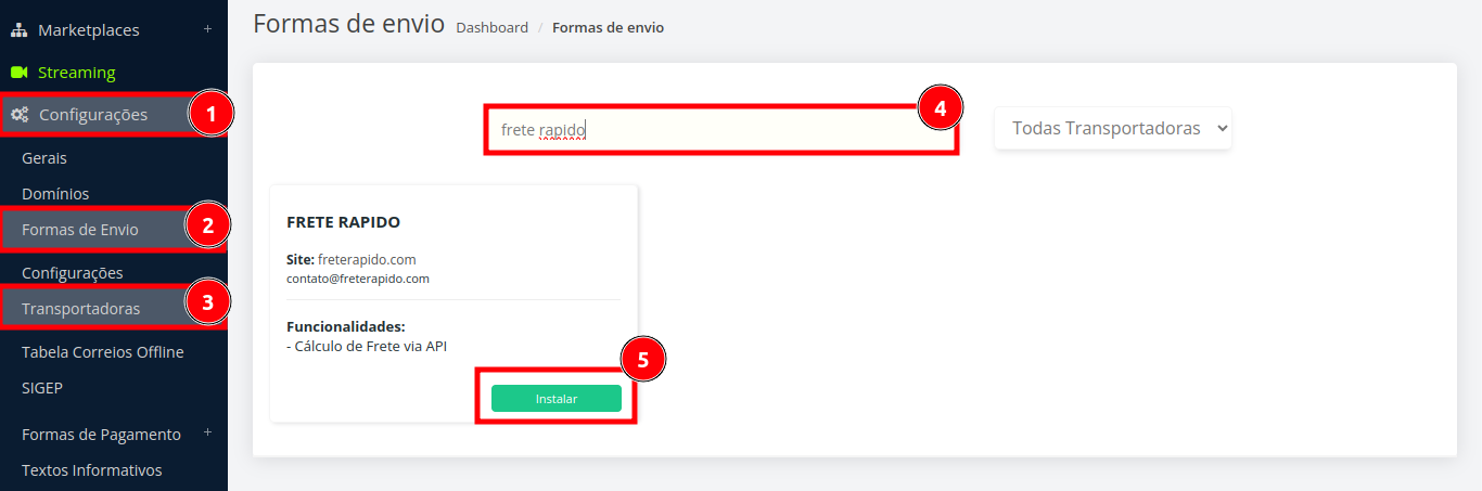 Como configurar a transportadora Frete Rápido